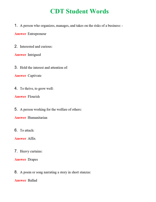 CDT Student Words Questions With Complete Grade A+ Answers