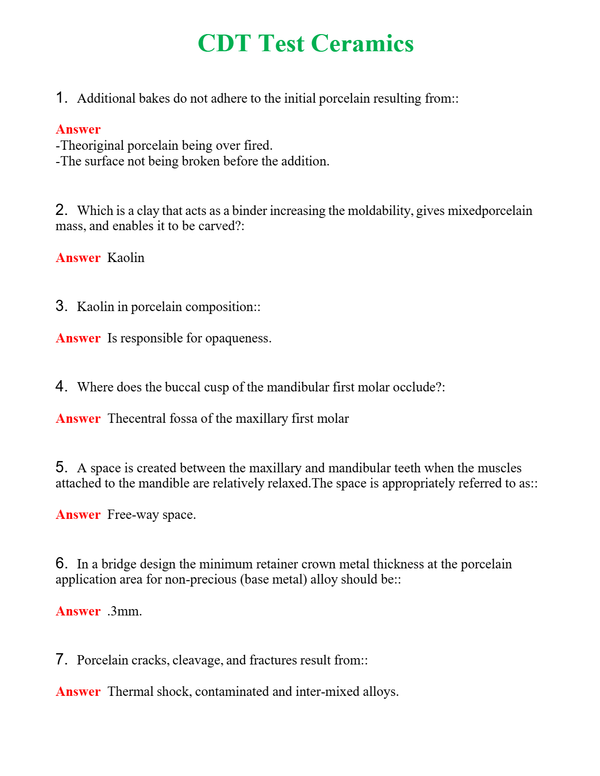 CDT Test Ceramics Questions With Complete Grade A+ Answers