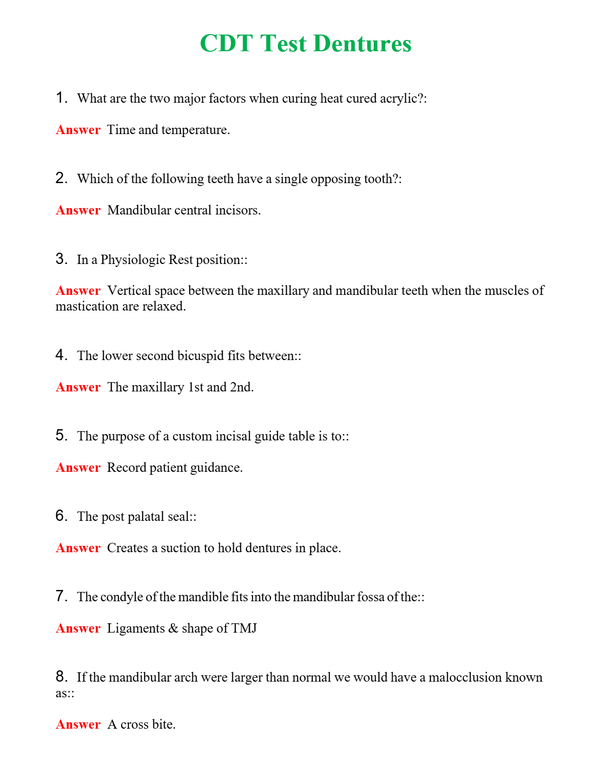 CDT Test Dentures Questions With Complete Grade A+ Answers