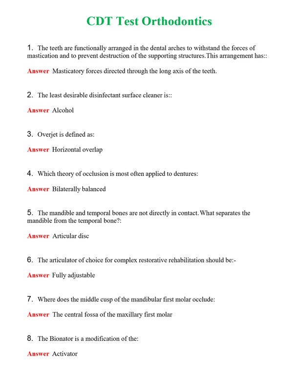 CDT Test Orthodontics Questions With Complete Grade A+ Answers