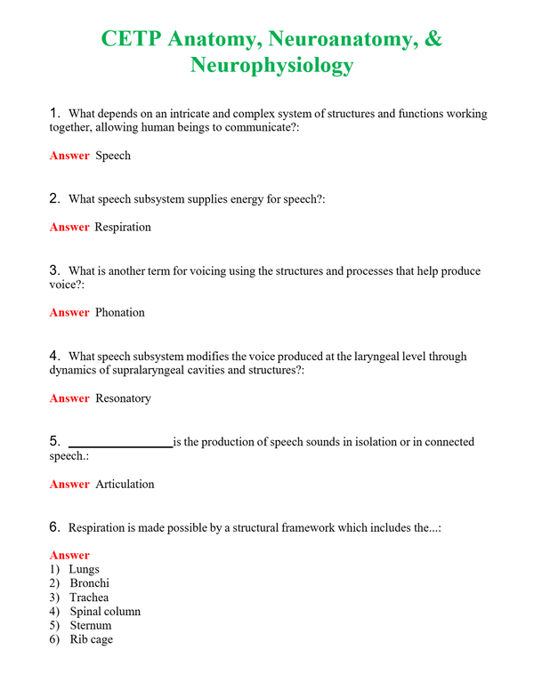 CETP Anatomy, Neuroanatomy, & Neurophysiology | Actual Questions and Verified Answers ( Included ) 100% Correct