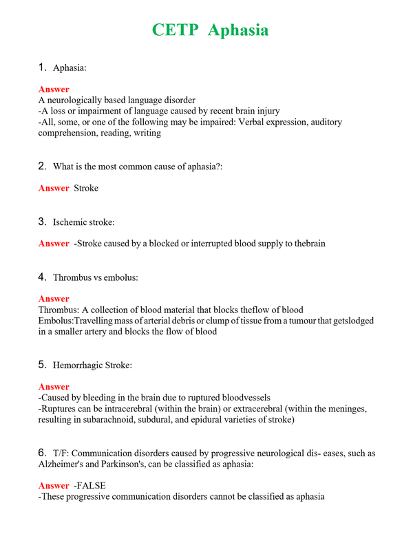 CETP Aphasia | Actual Questions and Verified Answers ( Included ) 100% Correct
