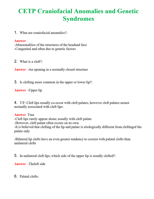 CETP Craniofacial Anomalies and Genetic Syndromes | Actual Questions and Verified Answers ( Included ) 100% Correct
