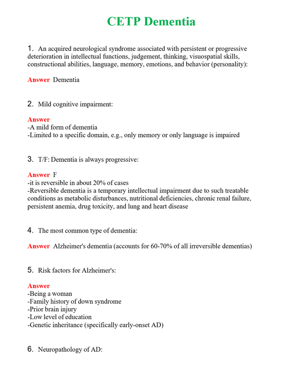 CETP Dementia | Actual Questions and Verified Answers ( Included ) 100% Correct