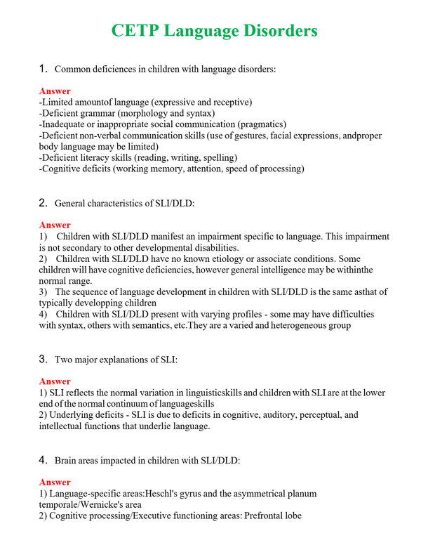CETP Language Disorders | Actual Questions and Verified Answers ( Included ) 100% Correct