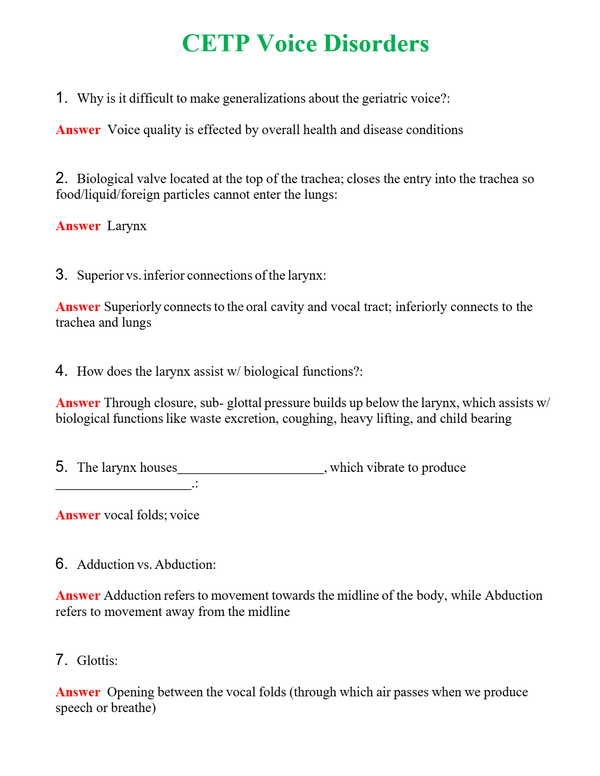 CETP Voice Disorders | Actual Questions and Verified Answers ( Included ) 100% Correct