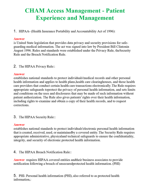 CHAM Access Management - Patient Experience and Management Questions With Complete Grade A+ Answers