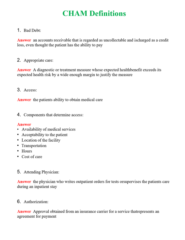 CHAM Definitions Questions With Complete Grade A+ Answers