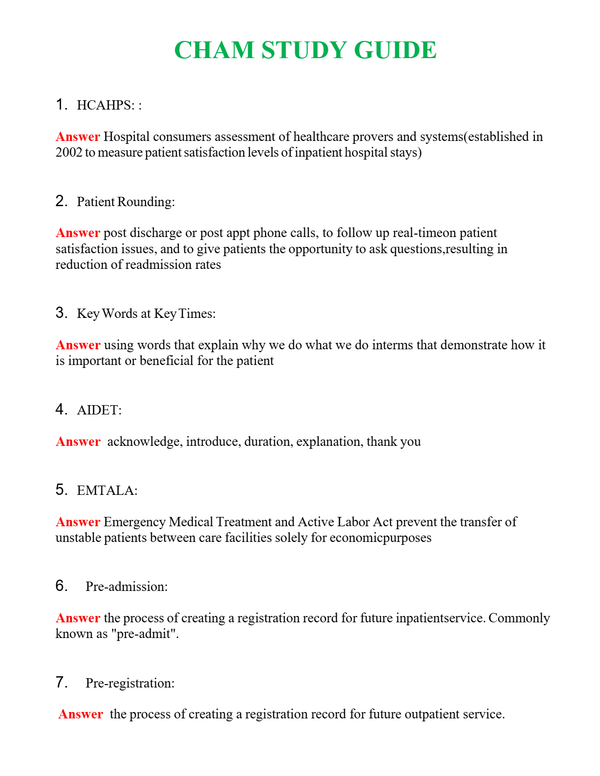 CHAM STUDY GUIDE Questions With Complete Grade A+ Answers