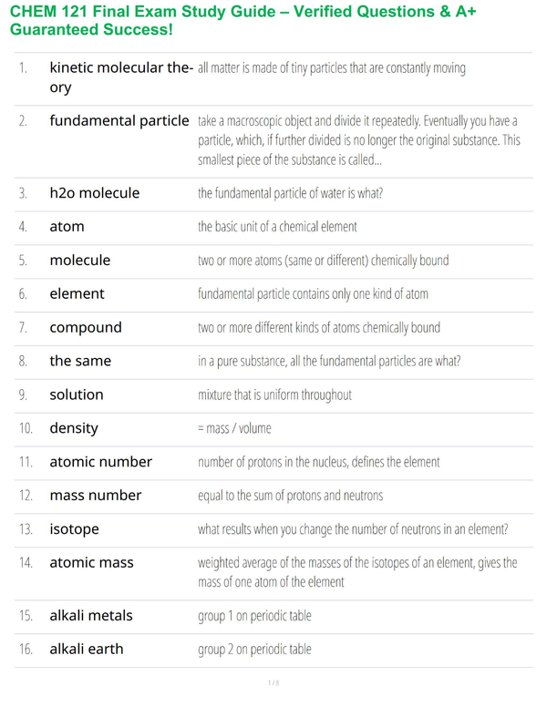 CHEM 121 Final Exam Study Guide – Verified Questions & A+ Guaranteed Success!