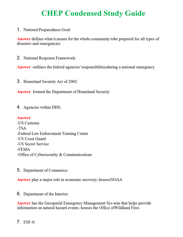 CHEP Condensed Study Guide | Actual Questions and Verified Answers ( Included ) 100% Correct
