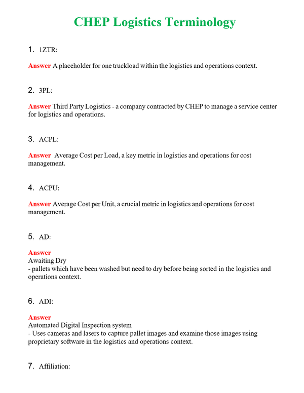 CHEP Logistics Terminology | Actual Questions and Verified Answers ( Included ) 100% Correct