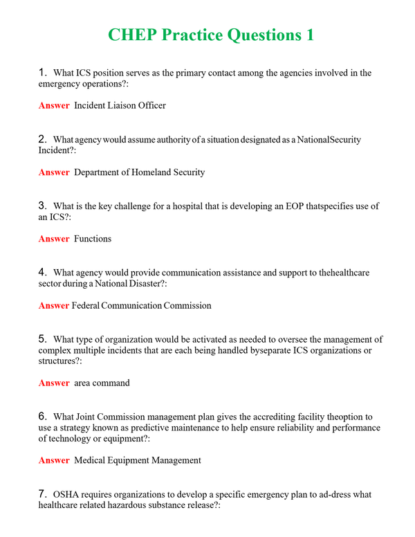 CHEP Practice Questions 1 | Actual Questions and Verified Answers ( Included ) 100% Correct