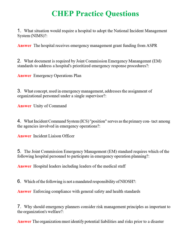 CHEP Practice Questions | Actual Questions and Verified Answers ( Included ) 100% Correct