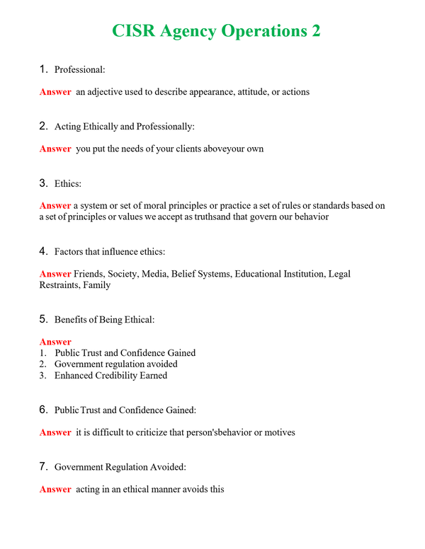 CISR Agency Operations 2 Questions With Complete Grade A+ Answers