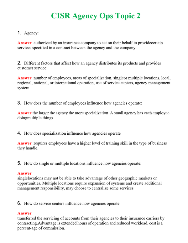 CISR Agency Ops Topic 2 Questions With Complete Grade A+ Answers
