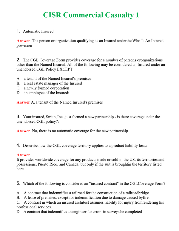 CISR Commercial Casualty 1 Questions With Complete Grade A+ Answers