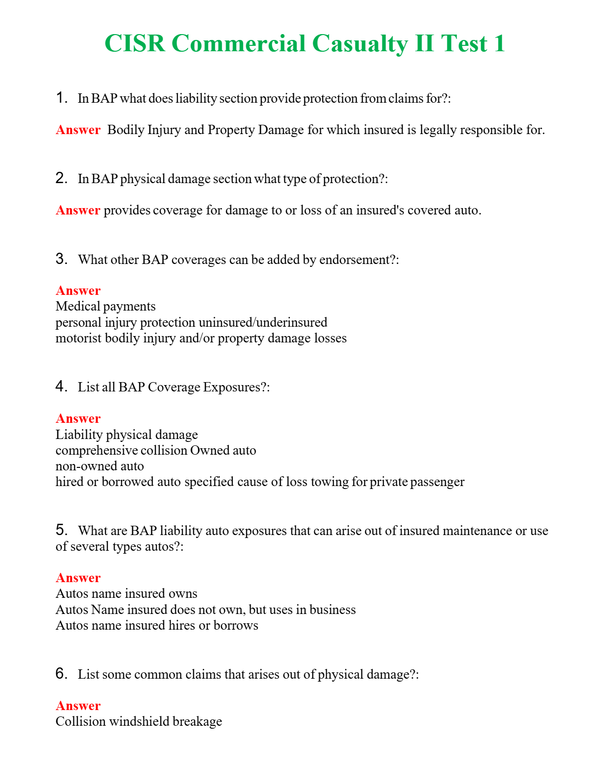 CISR Commercial Casualty II Test 1 Questions With Complete Grade A+ Answers
