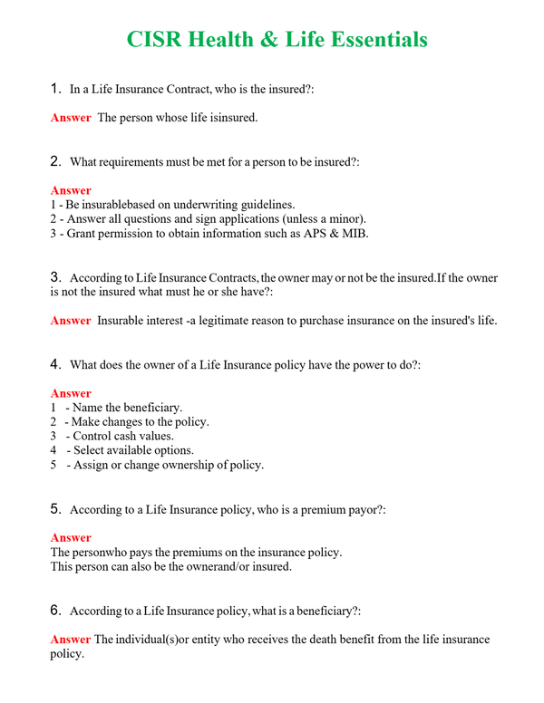 CISR Health & Life Essentials (Latest 2024) Questions With Complete Grade A+ Answers