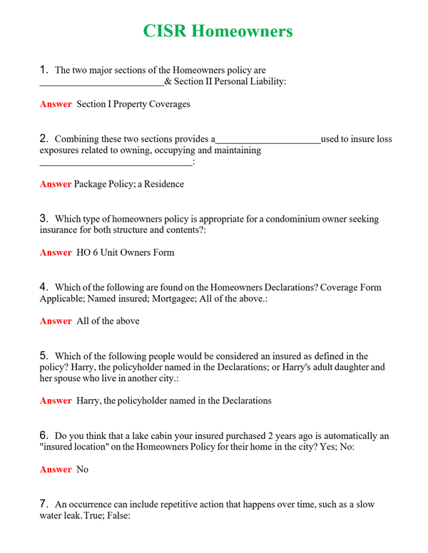 CISR Homeowners Questions With Complete Grade A+ Answers