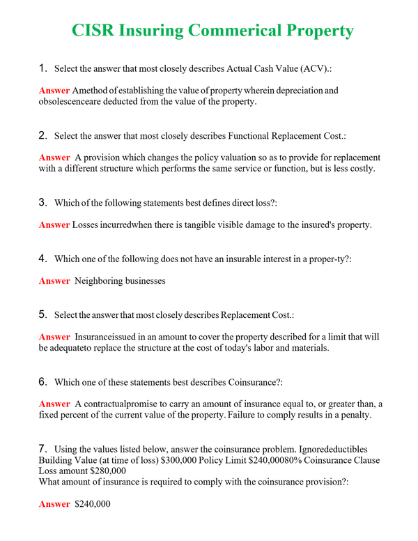 CISR Insuring Commerical Property Questions With Complete Grade A+ Answers