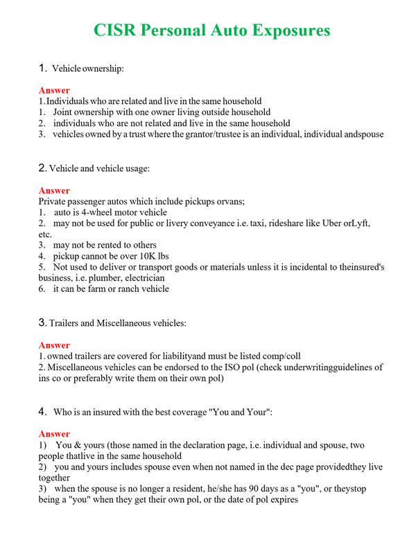 CISR Personal Auto Exposures Questions With Complete Grade A+ Answers