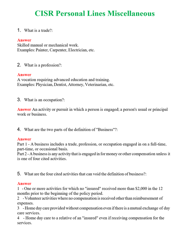 CISR Personal Lines Miscellaneous Questions With Complete Grade A+ Answers