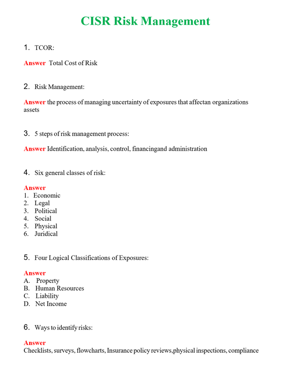 CISR Risk Management Questions With Complete Grade A+ Answers