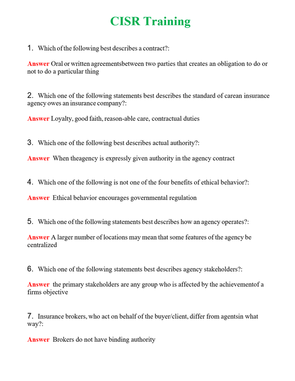 CISR Training Questions With Complete Grade A+ Answers