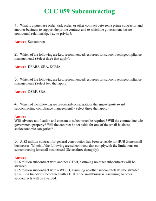 CLC 059 Subcontracting | Actual Questions and Verified Answers ( Included ) 100% Correct