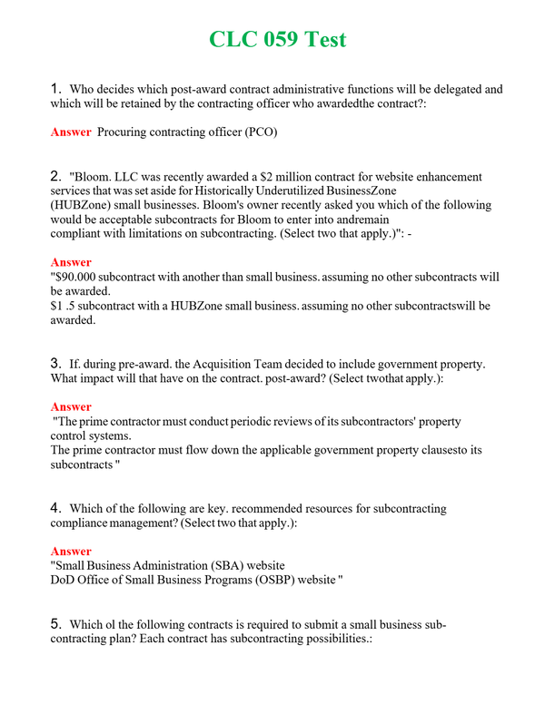 CLC 059 Test | Actual Questions and Verified Answers ( Included ) 100% Correct