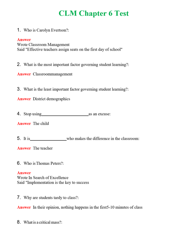 CLM Chapter 6 Test Questions With Complete Grade A+ Answers