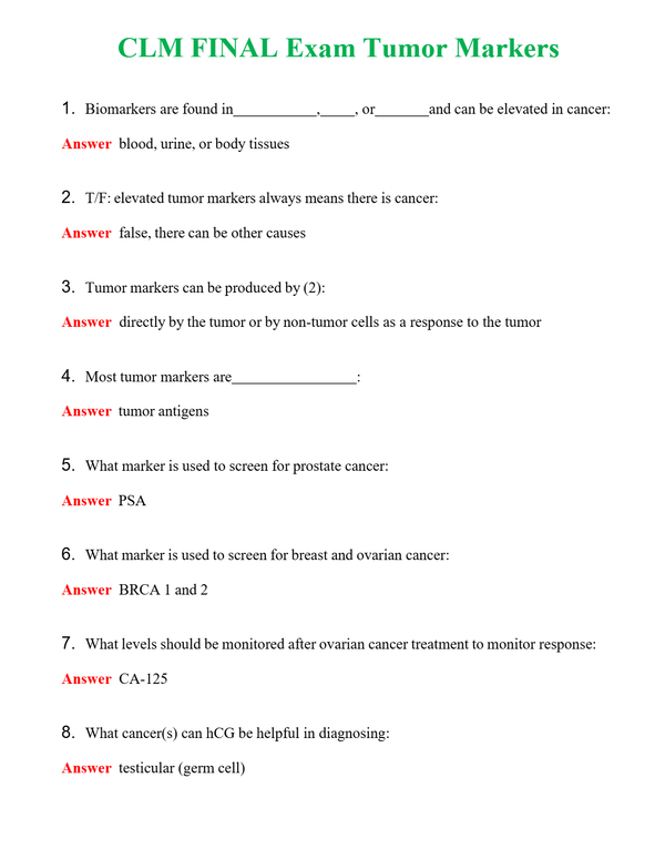 CLM FINAL Exam Tumor Markers Questions With Complete Grade A+ Answers