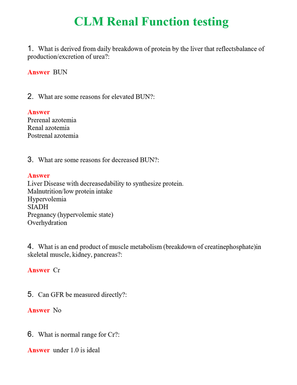 CLM Renal Function testing Questions With Complete Grade A+ Answers