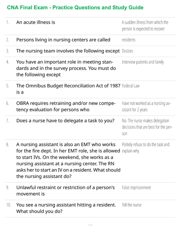 CNA Final Exam - Practice Questions and Study Guide