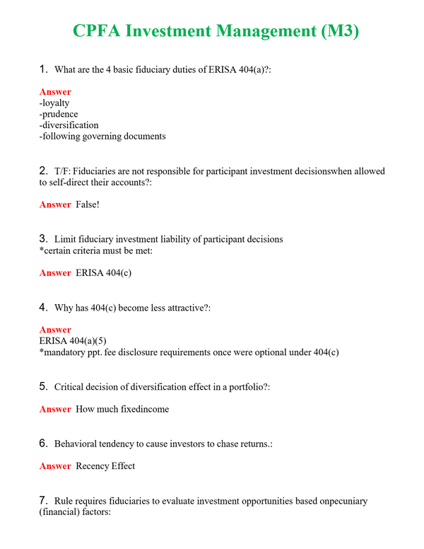CPFA Investment Management (M3) Questions With Complete Grade A+ Answers