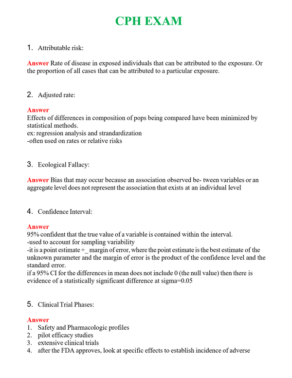 CPH EXAM | Actual Questions and Verified Answers ( Included ) 100% Correct