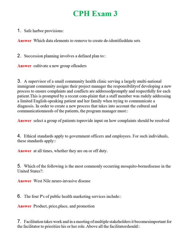 CPH Exam 3 | Actual Questions and Verified Answers ( Included ) 100% Correct