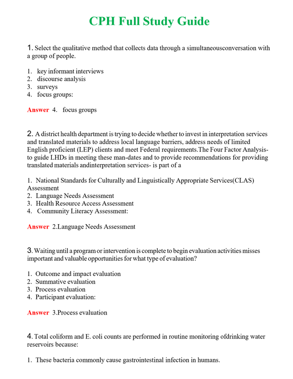 CPH Full Study Guide | Actual Questions and Verified Answers ( Included ) 100% Correct