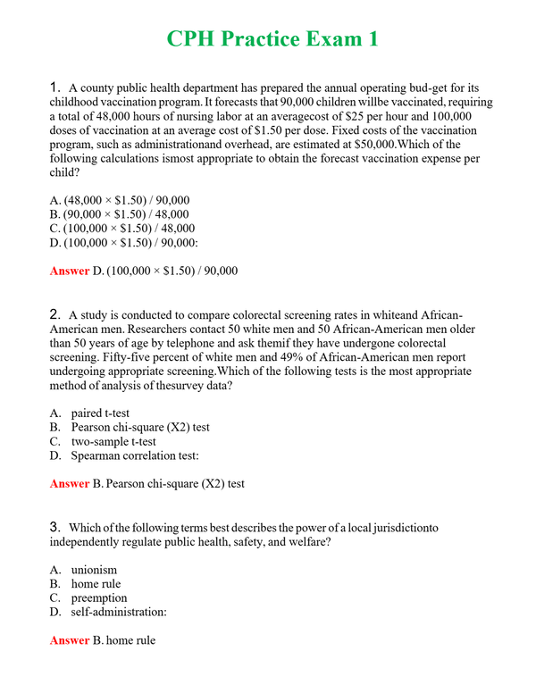 CPH Practice Exam 1 | Actual Questions and Verified Answers ( Included ) 100% Correct