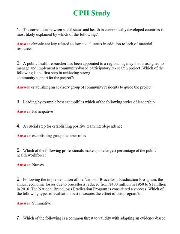 CPH Study | Actual Questions and Verified Answers ( Included ) 100% Correct