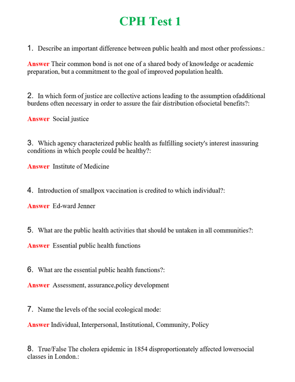 CPH Test 1 | Actual Questions and Verified Answers ( Included ) 100% Correct