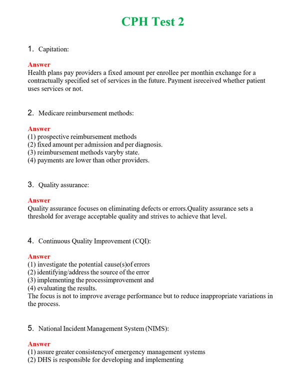 CPH Test 2 | Actual Questions and Verified Answers ( Included ) 100% Correct