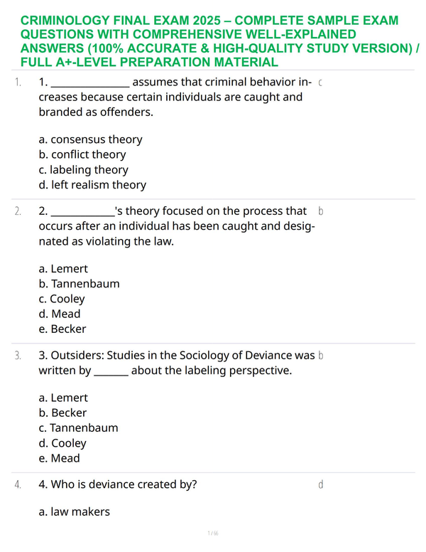 CRIMINOLOGY FINAL EXAM 2025 – COMPLETE SAMPLE EXAM QUESTIONS WITH COMPREHENSIVE WELL-EXPLAINED ANSWERS (100% ACCURATE & HIGH-QUALITY STUDY VERSION) / FULL A+-LEVEL PREPARATION MATERIAL