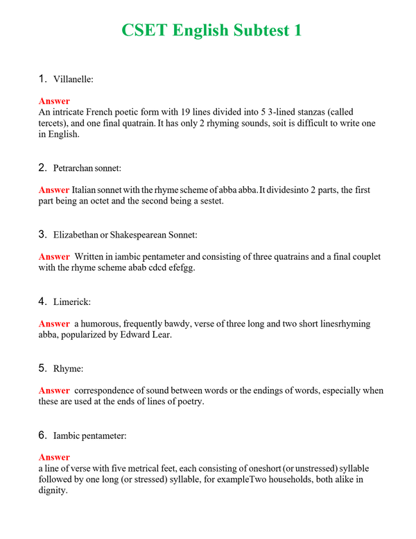CSET English Subtest 1 Questions With Complete Grade A+ Answers