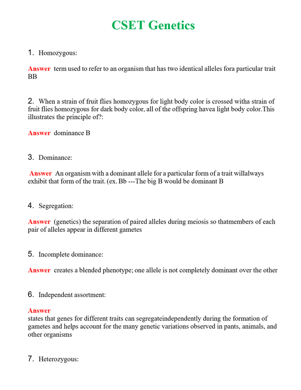 CSET Genetics Questions With Complete Grade A+ Answers