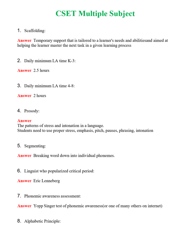 CSET Multiple Subject Questions With Complete Grade A+ Answers