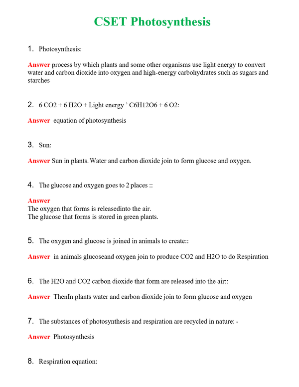 CSET Photosynthesis Questions With Complete Grade A+ Answers