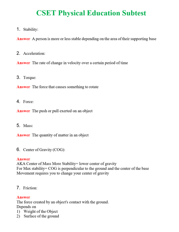 CSET Physical Education Subtest Questions With Complete Grade A+ Answers