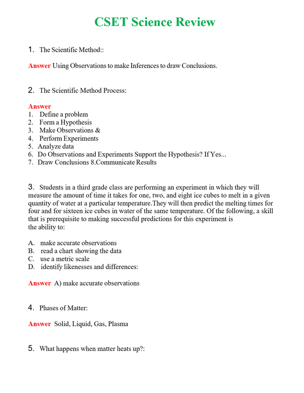 CSET Science Review Questions With Complete Grade A+ Answers